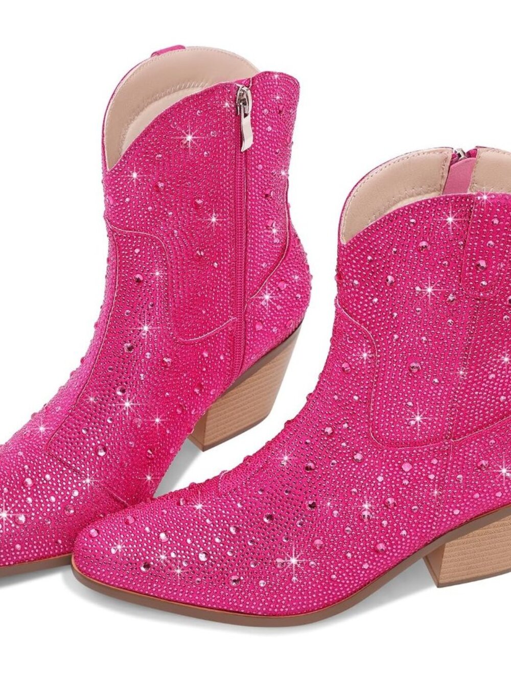 Women's Pink Western Booties Rhinestone Chunky Heel Fashion Cowgirl Ankle Boots - Picture 7 of 7